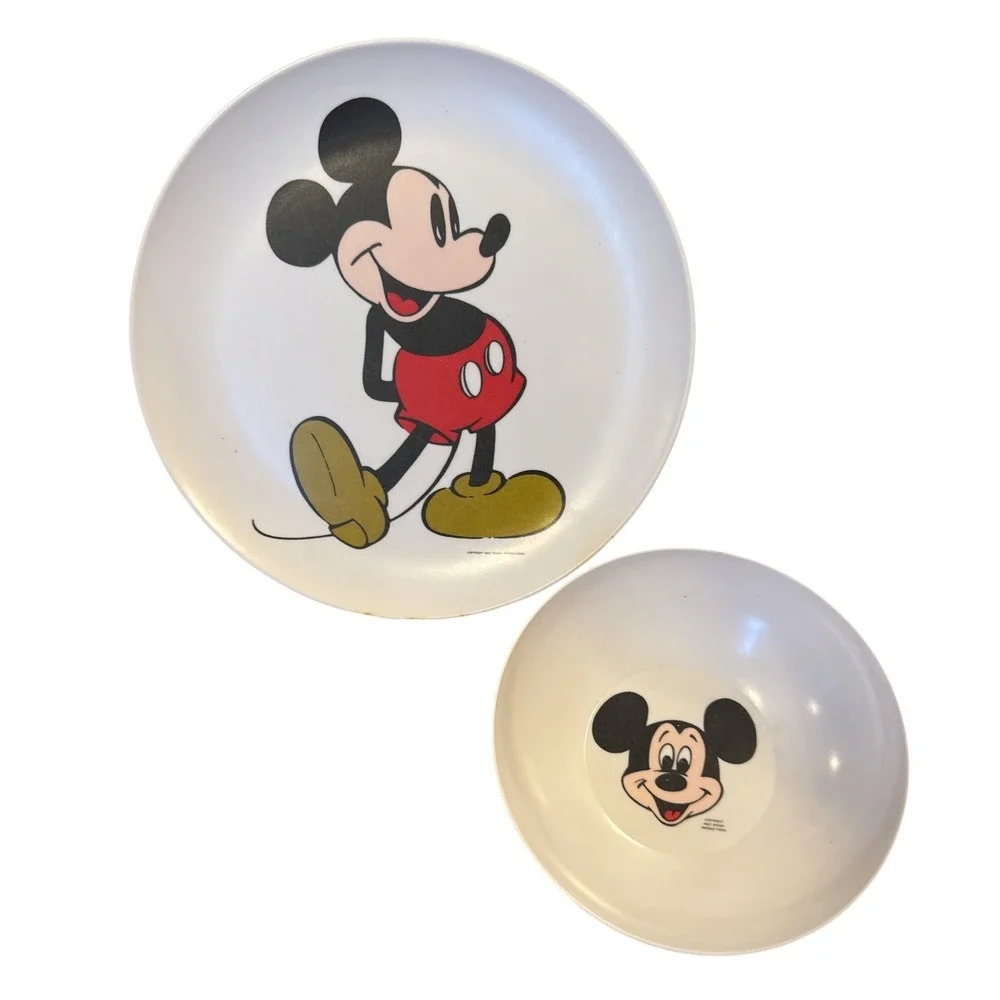 Disney Mickey Mouse Plate Bowl Set Kids White Vintage Melamine Plastic‎